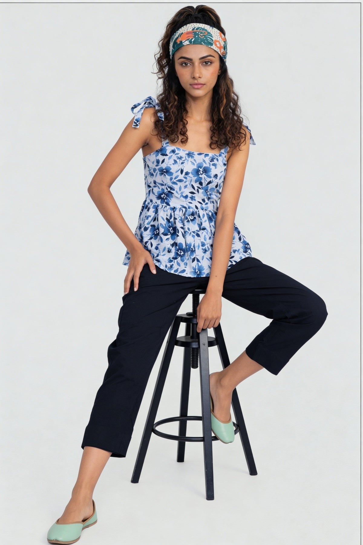 Blue Floral Printed Shoulder Strap Peplum Top for Women - Image 6
