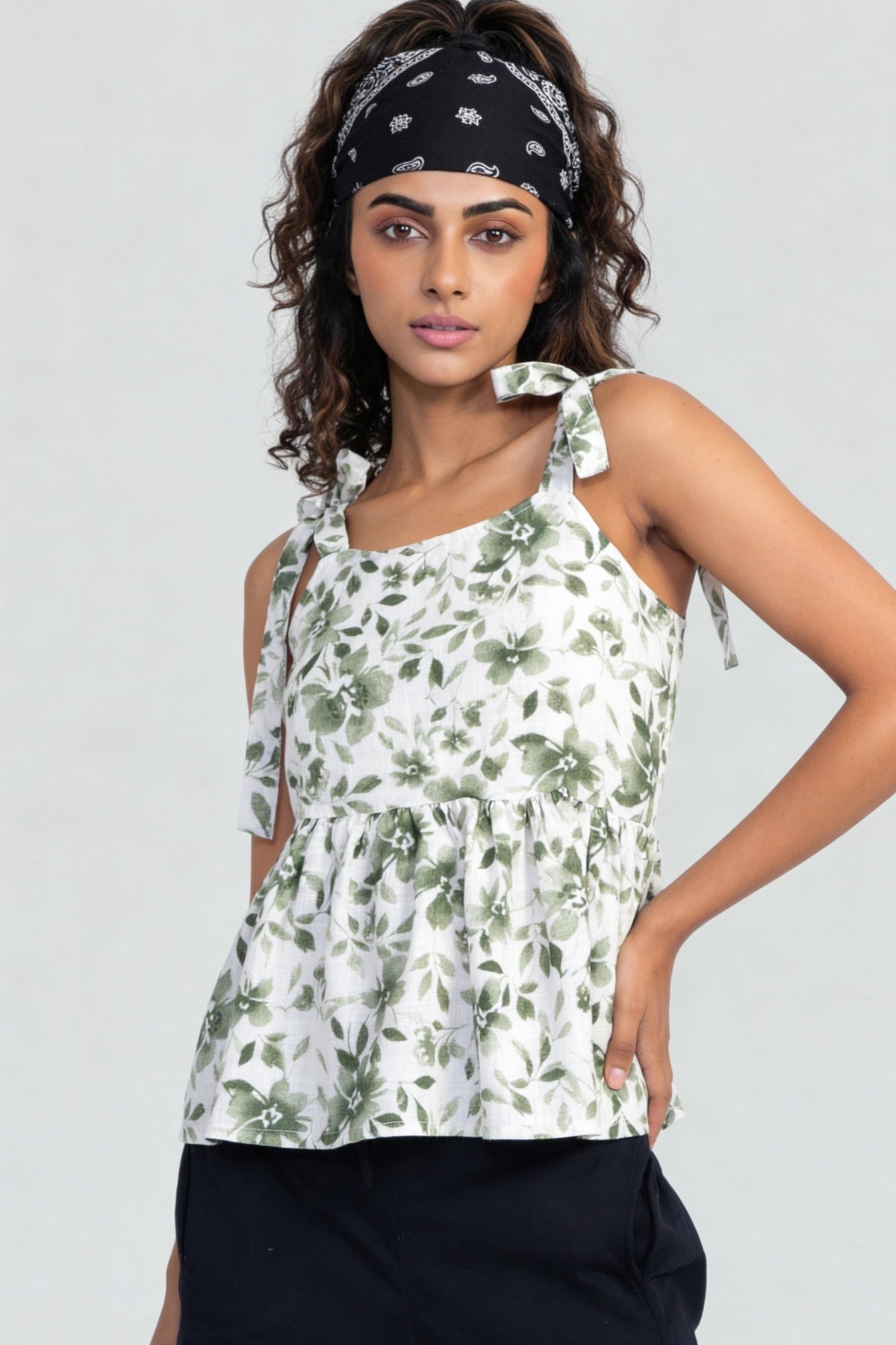 Green Floral Printed Shoulder Strap Peplum Top for Women - Image 2
