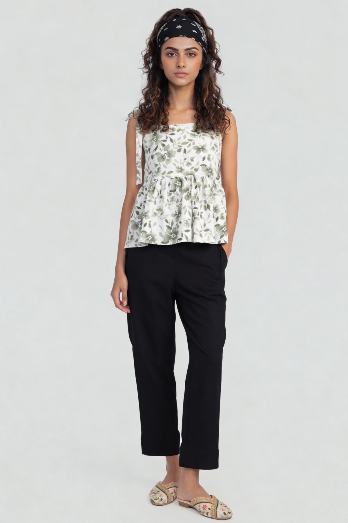 Green Floral Printed Shoulder Strap Peplum Top for Women - Image 6