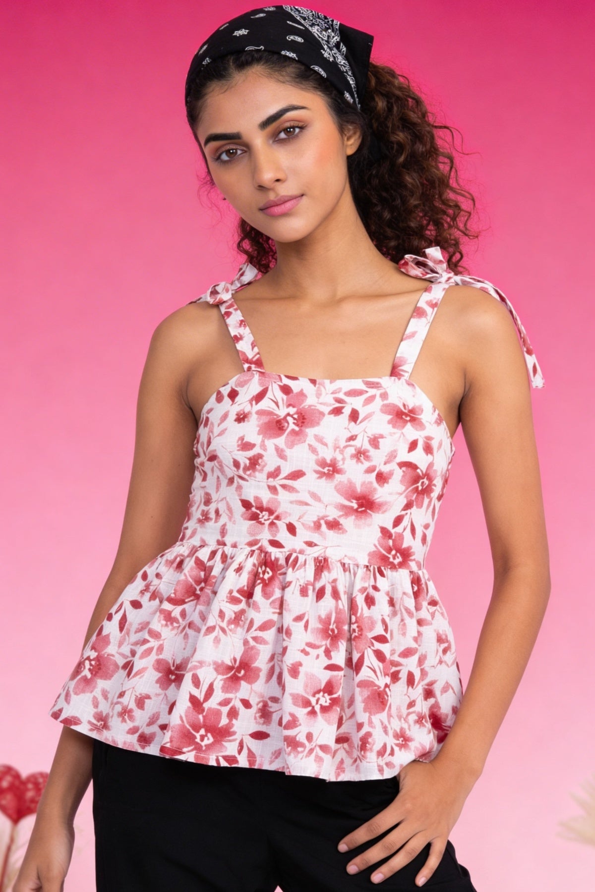 Red Floral Printed Shoulder Strap Peplum Top for Women - Image 1