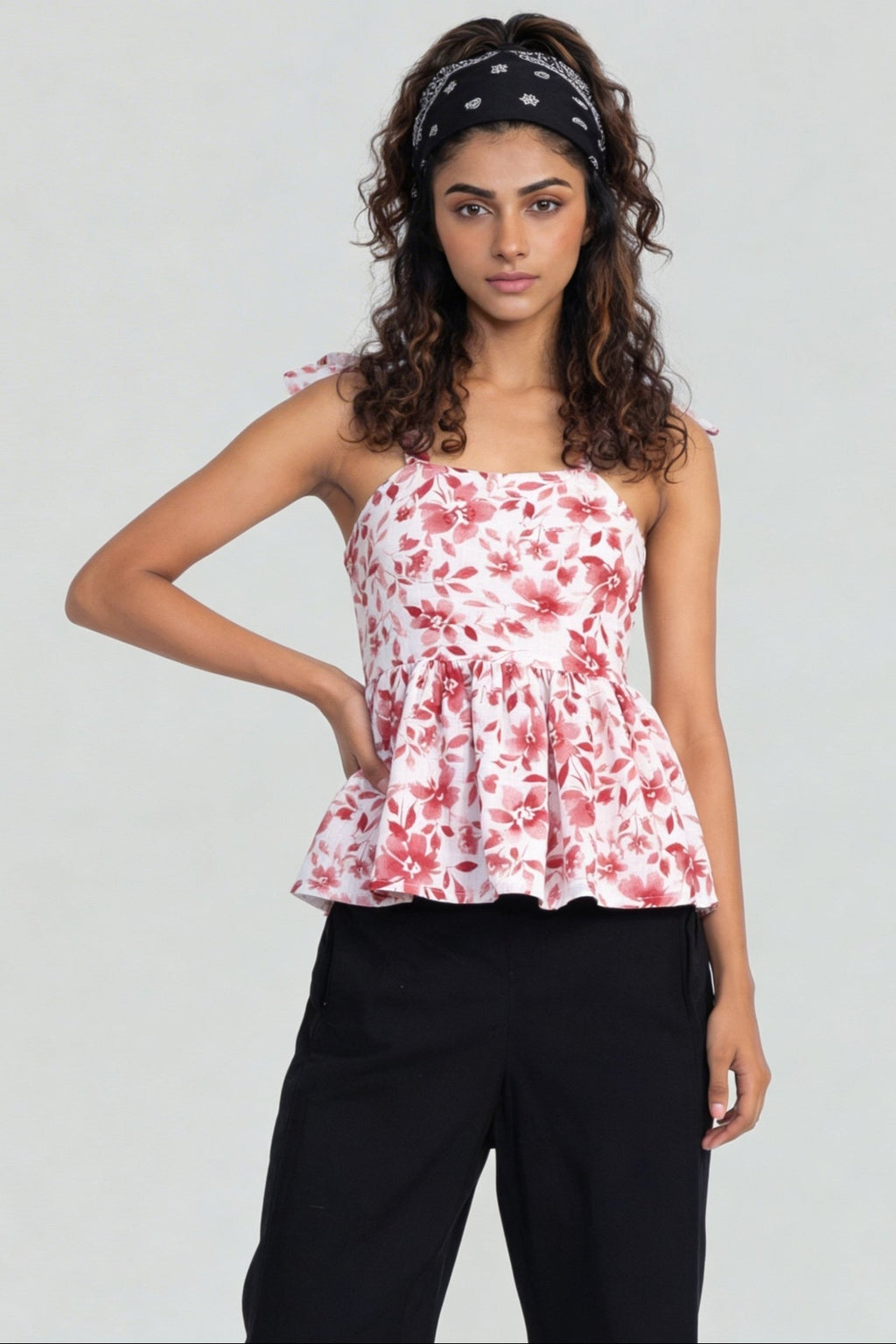 Red Floral Printed Shoulder Strap Peplum Top for Women - Image 2