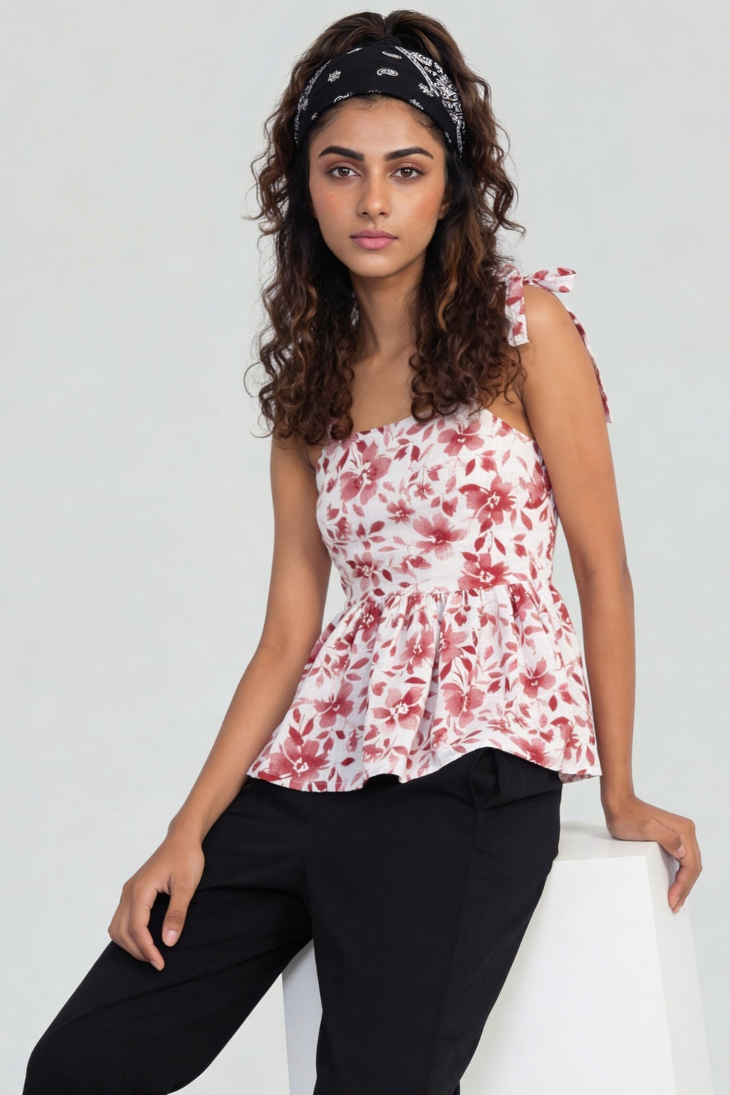 Red Floral Printed Shoulder Strap Peplum Top for Women - Image 4
