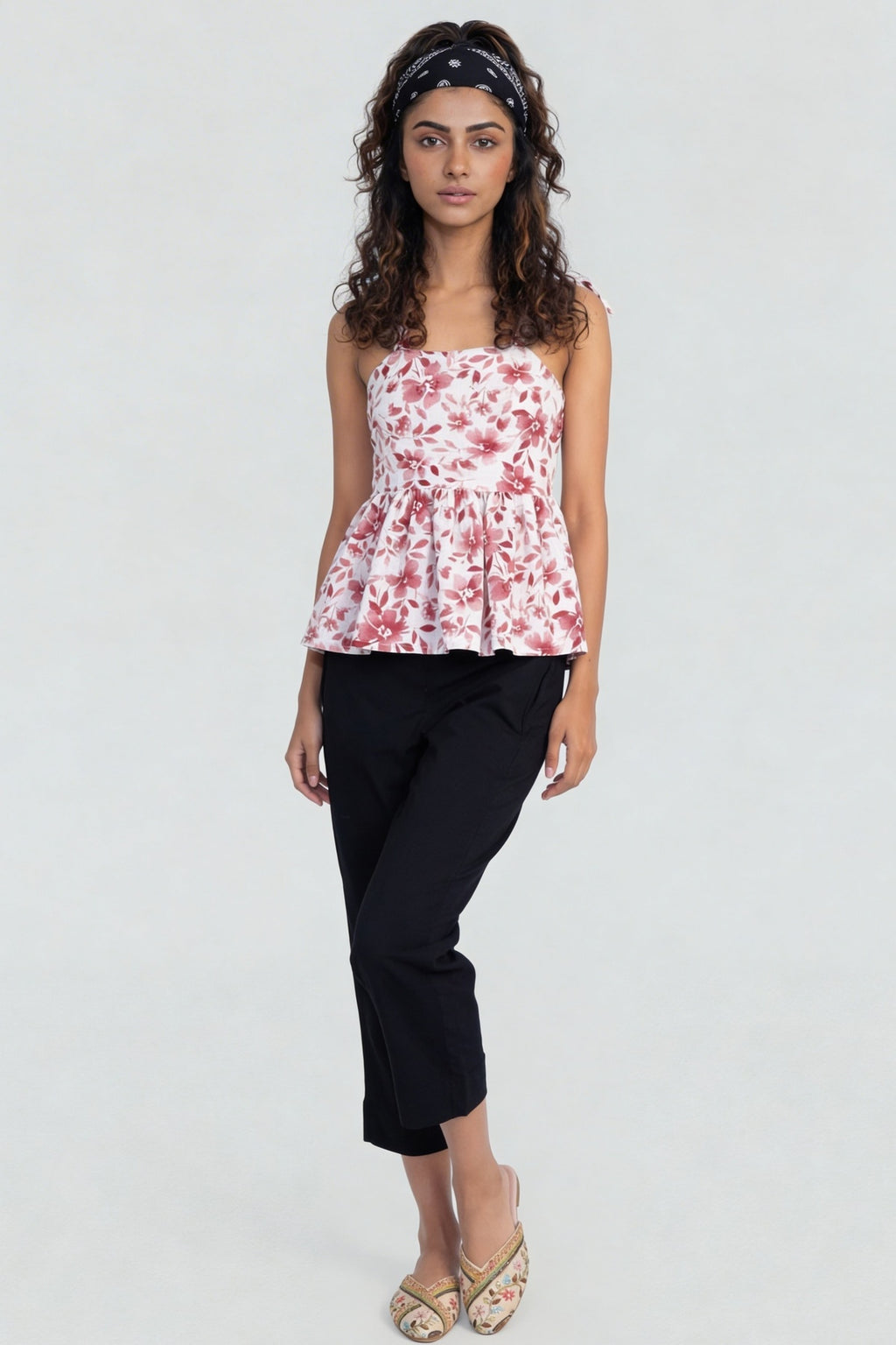 Red Floral Printed Shoulder Strap Peplum Top for Women - Image 6