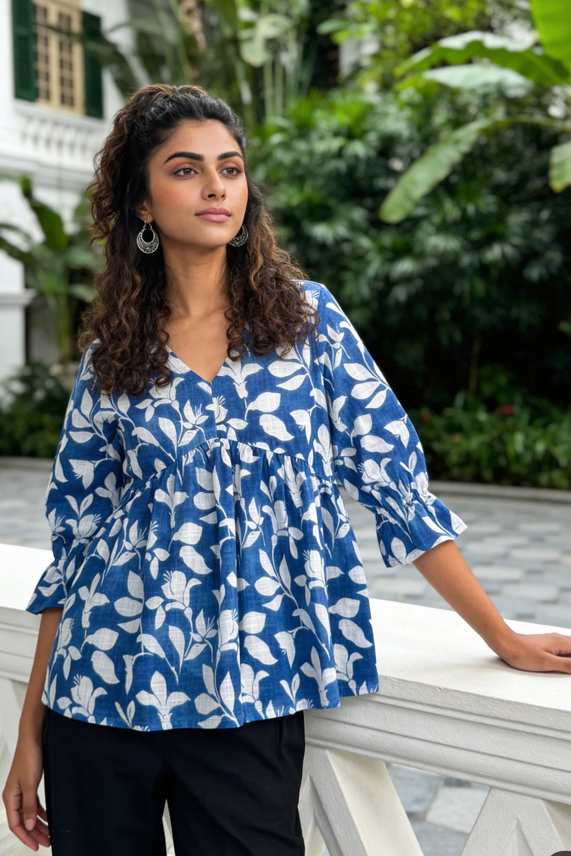 Blue Regular Fit Floral Printed Gathered Tunic For Women - Image 1
