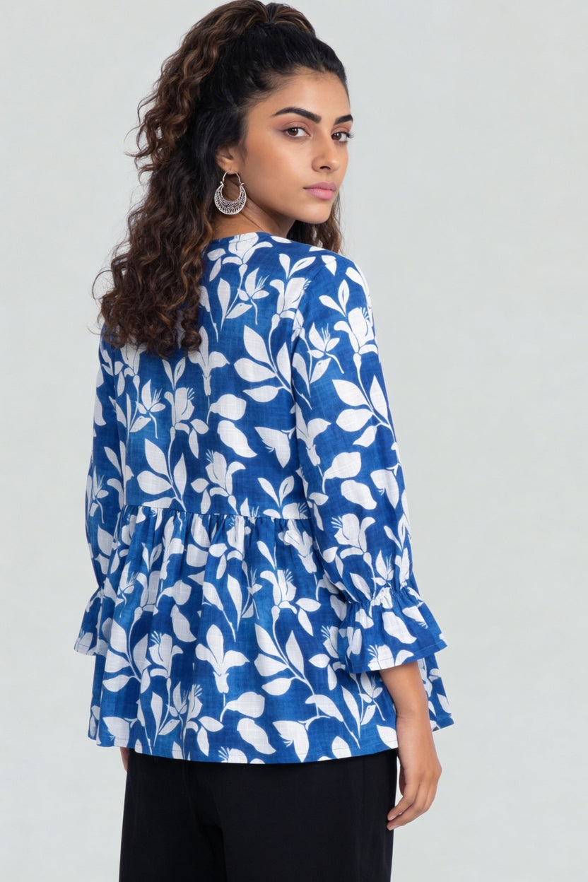 Blue Regular Fit Floral Printed Gathered Tunic For Women - Image 5