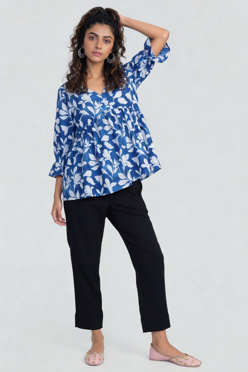 Blue Regular Fit Floral Printed Gathered Tunic For Women - Image 6