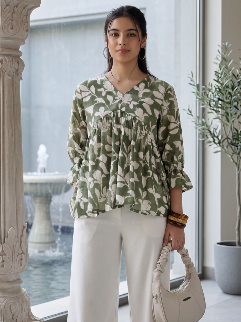 Green Regular Fit Peasant Tunic For Women - Image 1