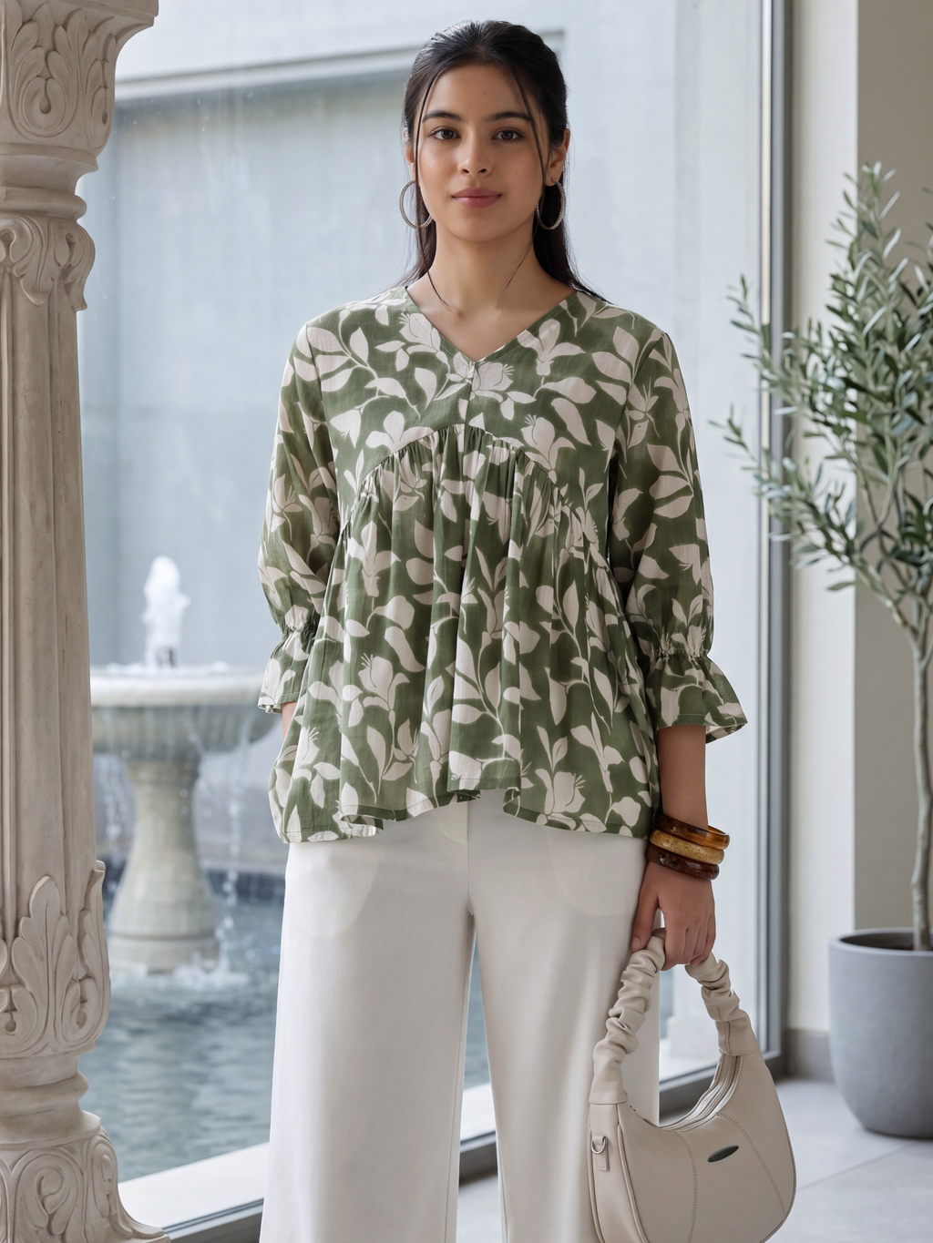Green Regular Fit Peasant Tunic for Women - Image 1
