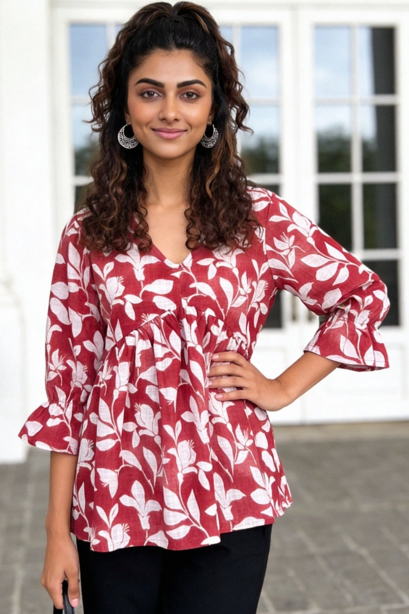 Red Regular Fit Floral Printed Gathered Tunic For Women - Image 1
