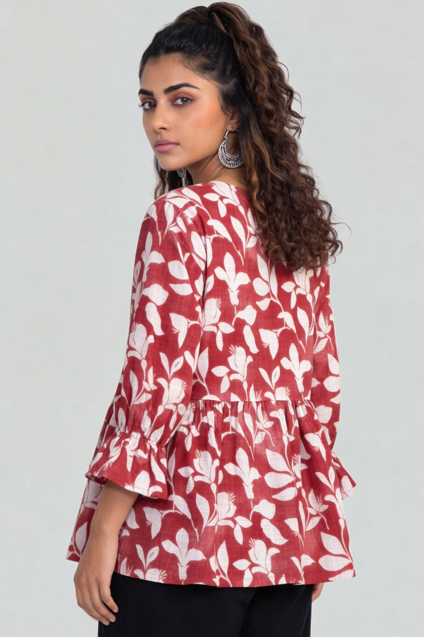 Red Regular Fit Floral Printed Gathered Tunic For Women - Image 5