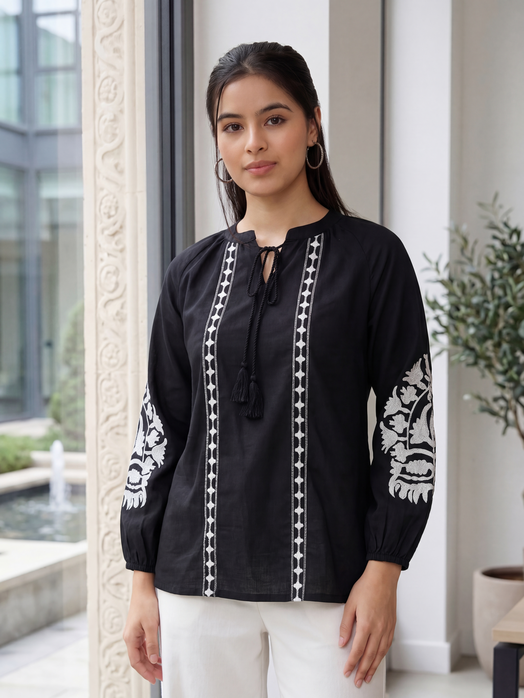 Black Tied Up Flared Fit Tunic for Women - Image 1