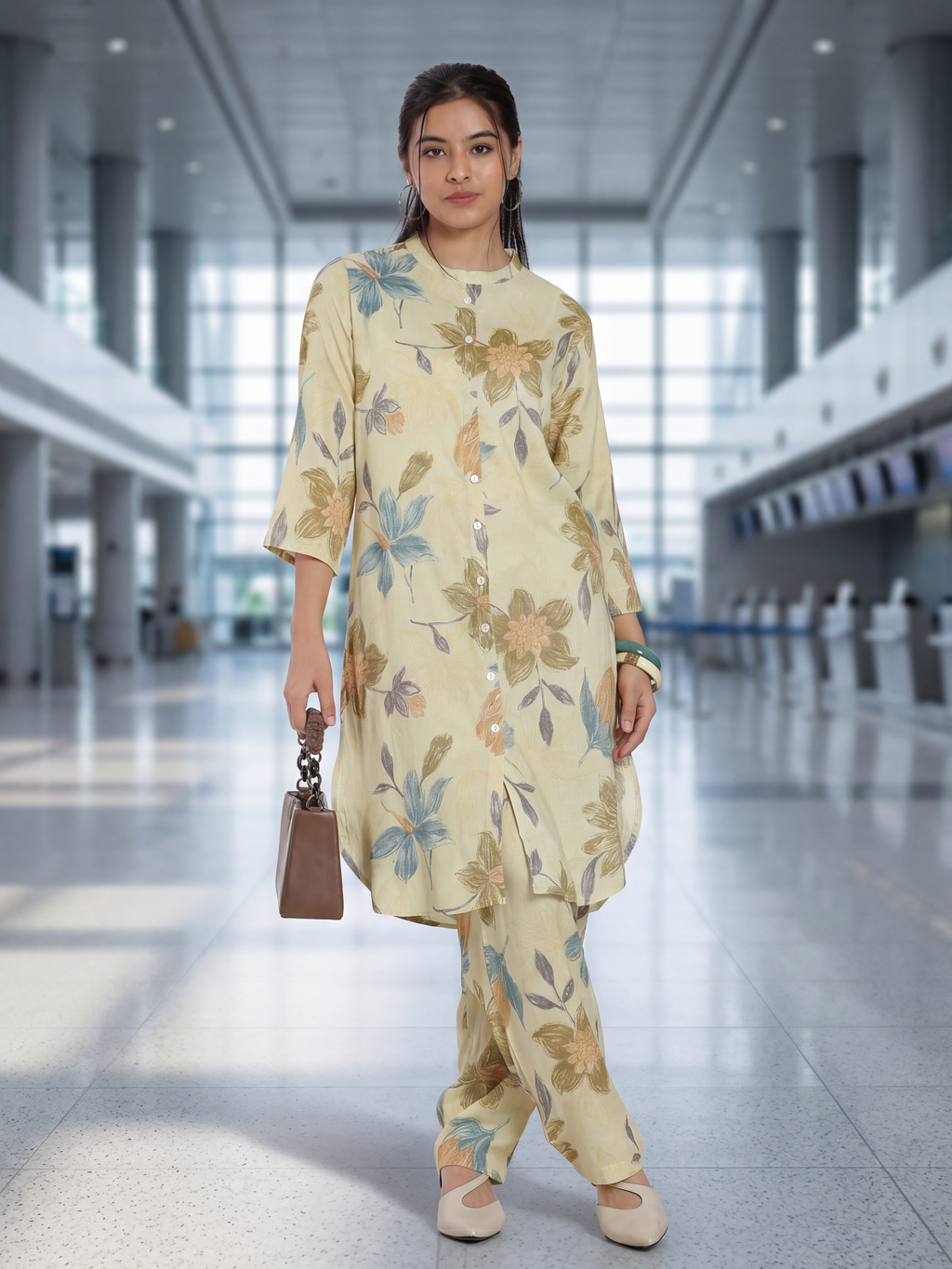 Yellow Floral Regular Fit Kurta Set for Women - Image 1