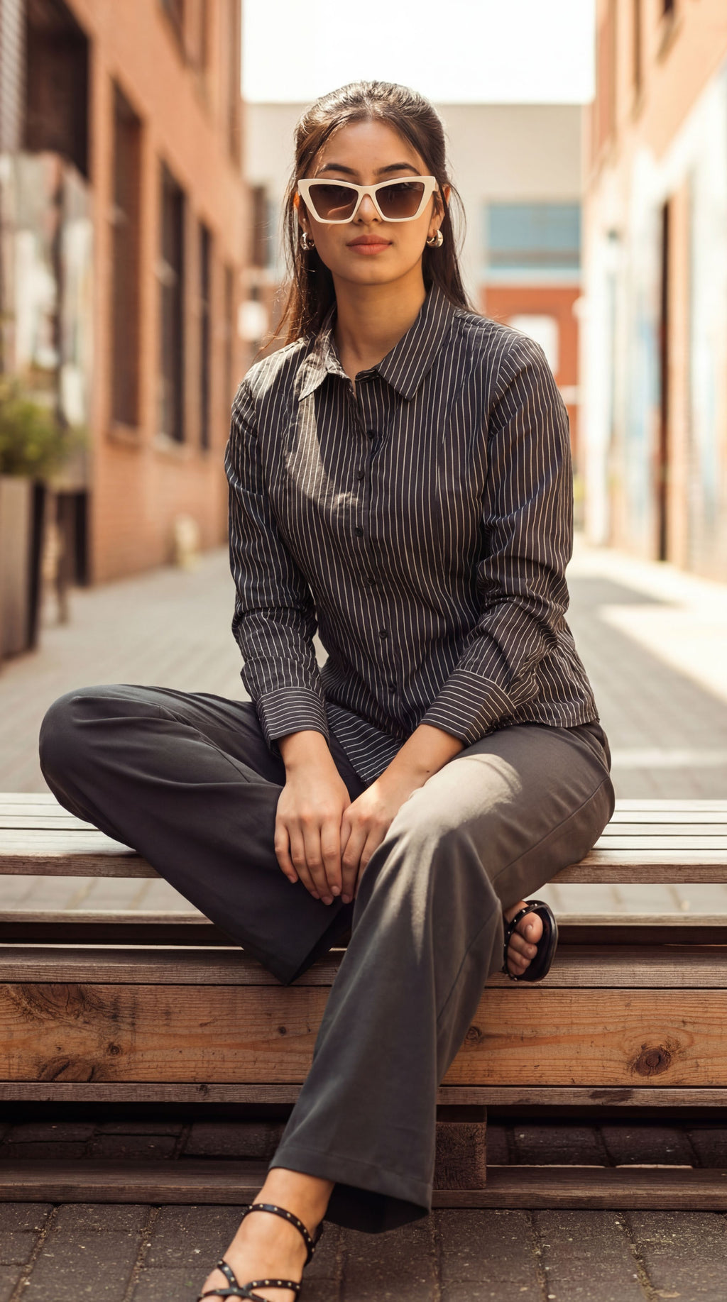 Charcoal Stripes Regular FiT-Shirt for Women - Image 1