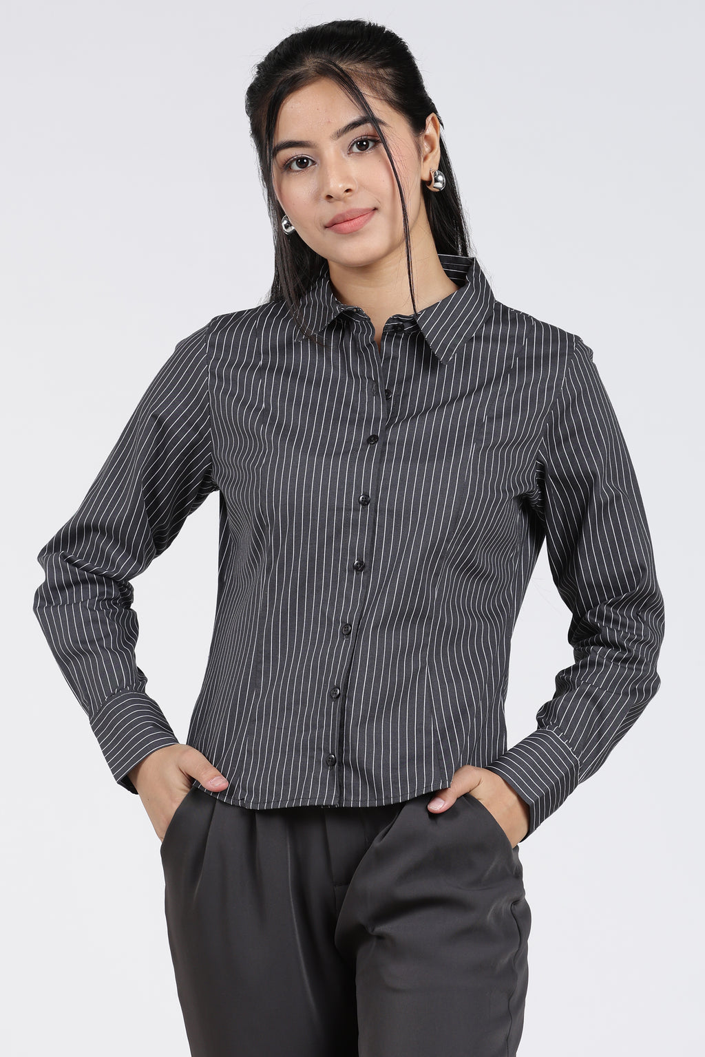 Charcoal Stripes Regular FiT-Shirt for Women - Image 2