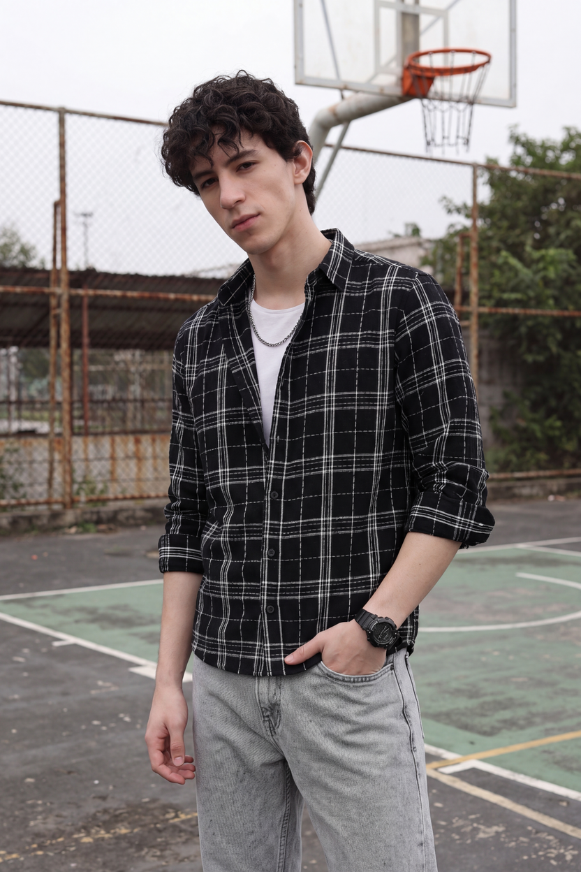 Black Checked Regular Fit Shirt for Men - Image 1