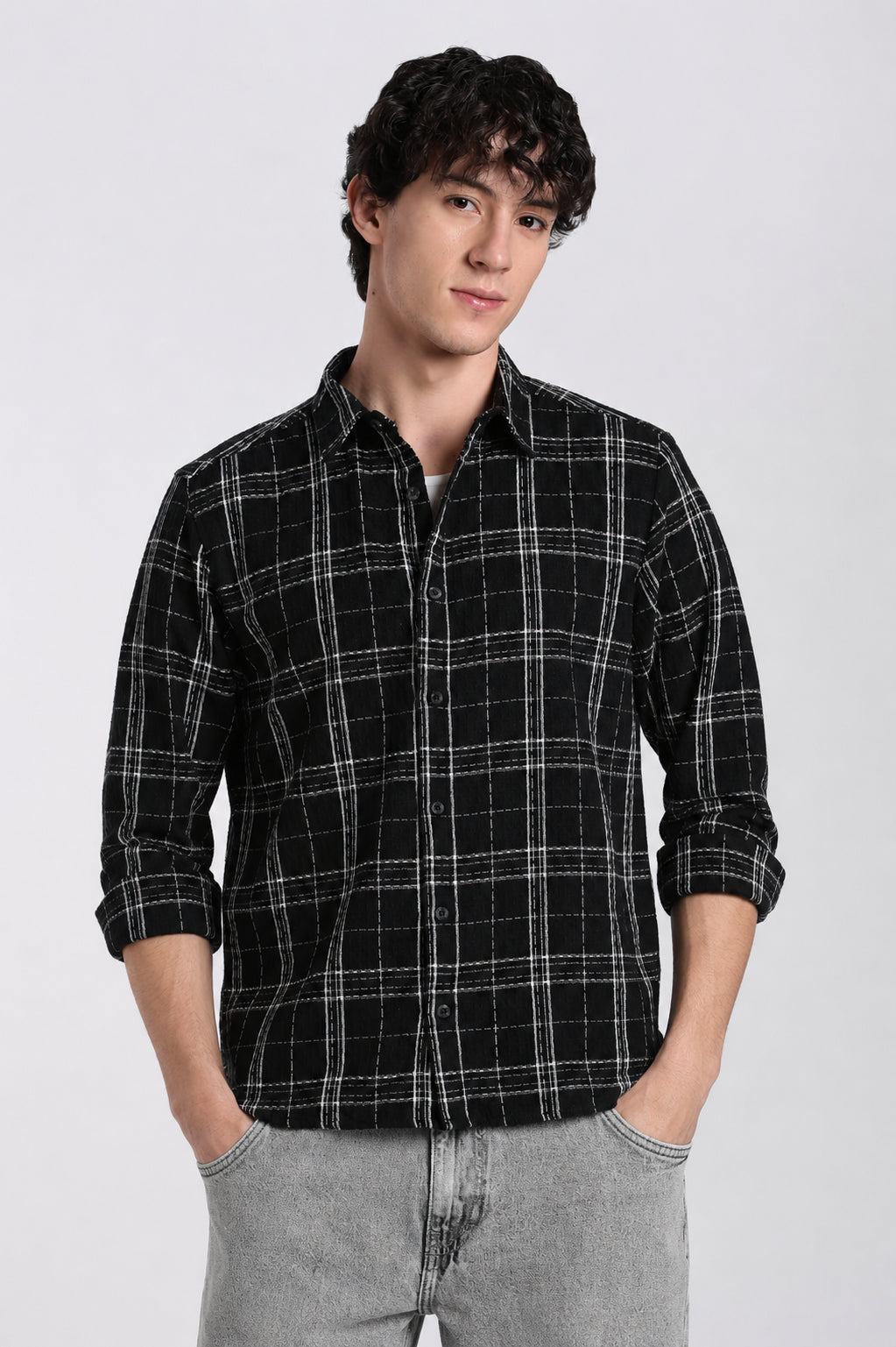Black Checked Regular Fit Shirt for Men - Image 2
