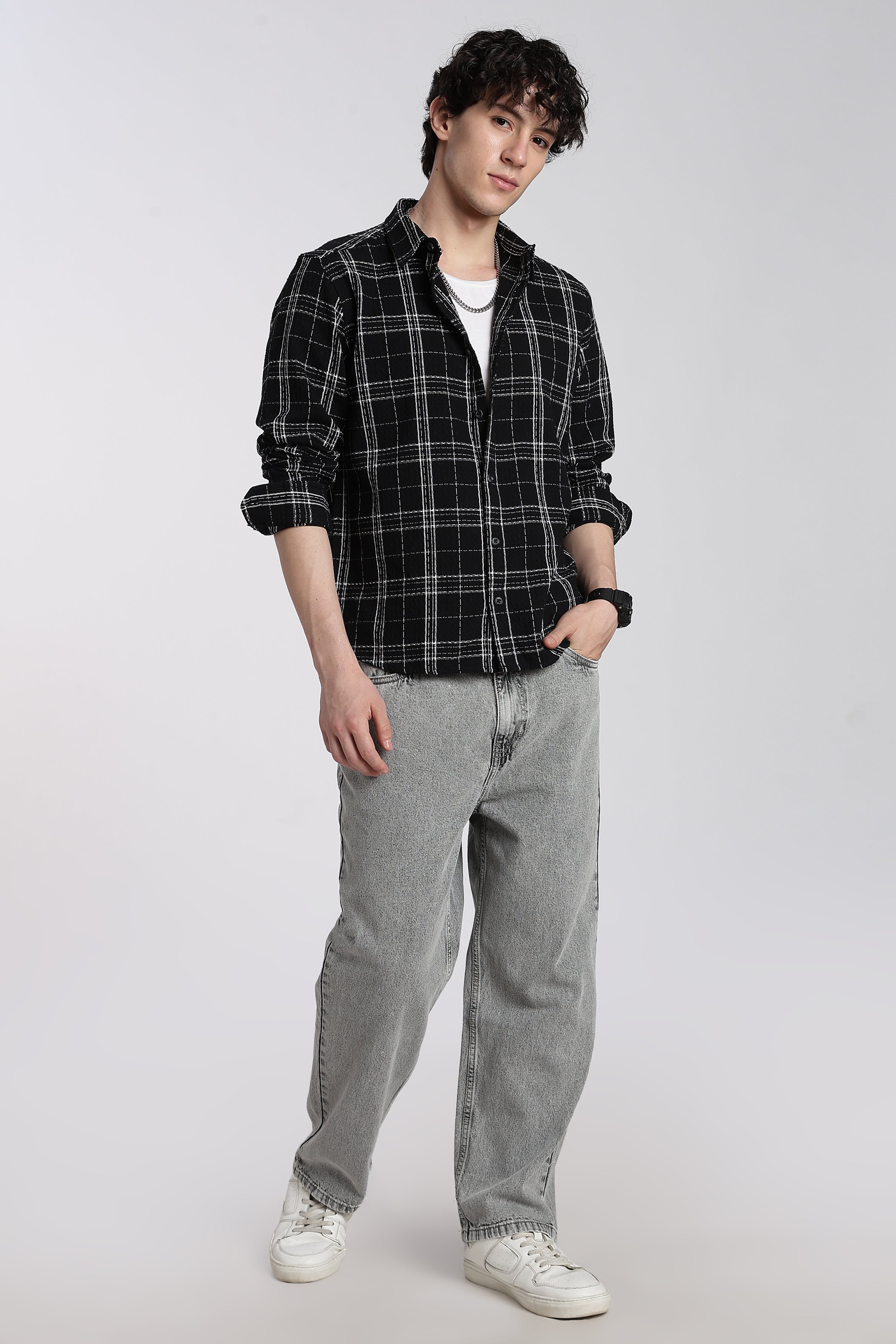 Black Checked Regular Fit Shirt for Men - Image 6
