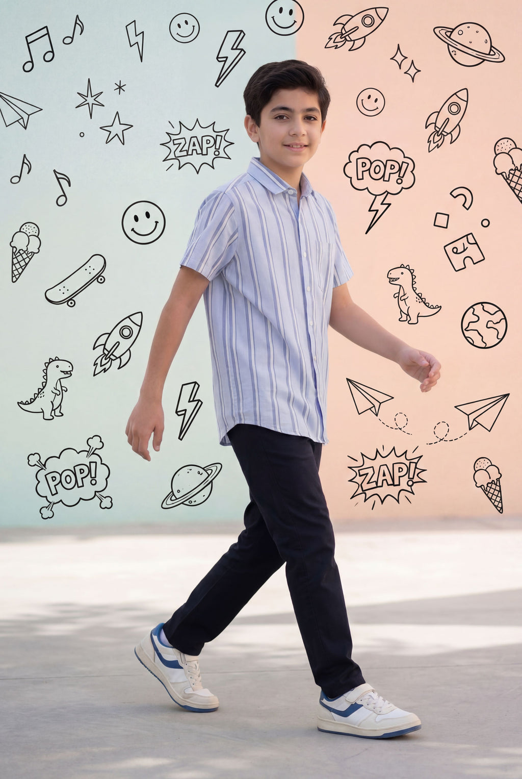 Light Blue Regular Fit Striped Shirt for Tweens Boys - Image 1