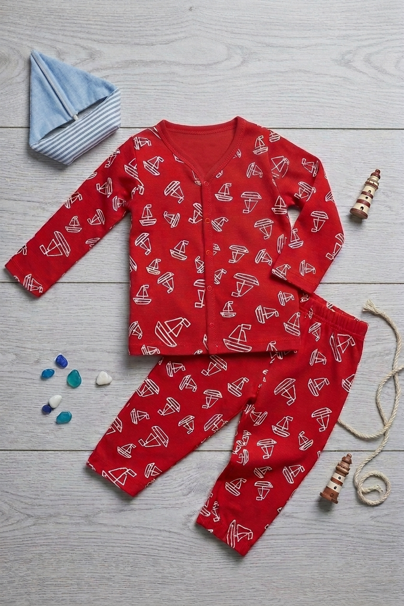 Red Boat All - Over Printed Regular Fit Co-ord Set for Infant Boys - Image 1