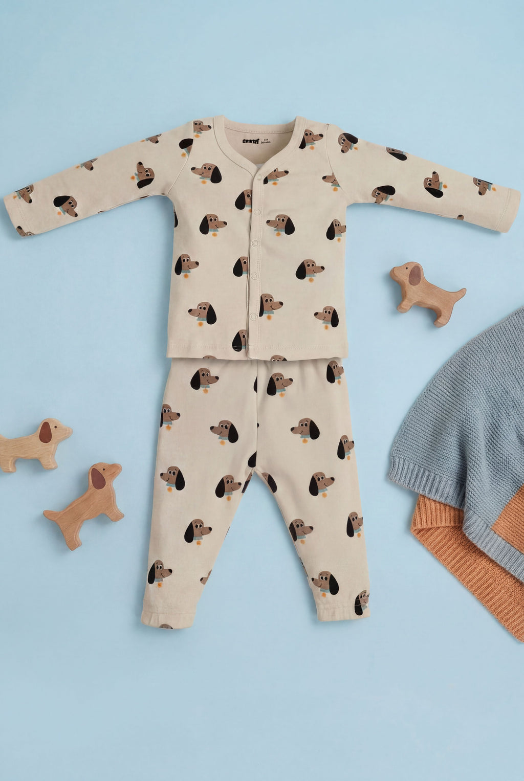 Beige Dogs Printed Regular Fit Co-ord Set for Infant Boys - Image 1