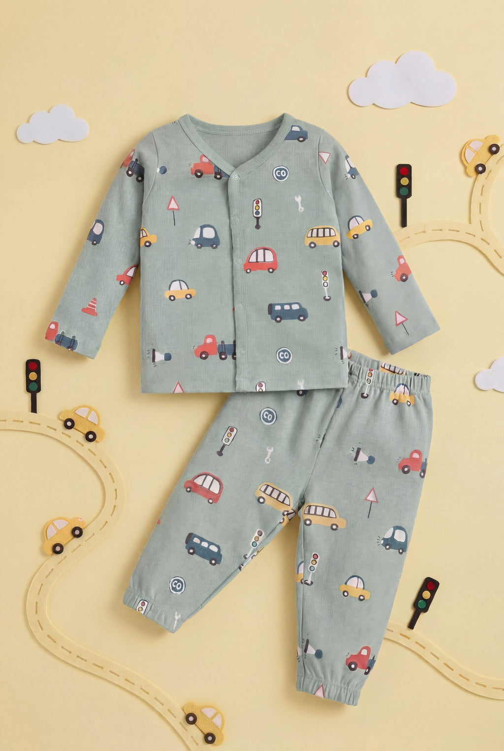 Green Bus Printed Regular Fit Co-ord Set for Infant Boys - Image 1