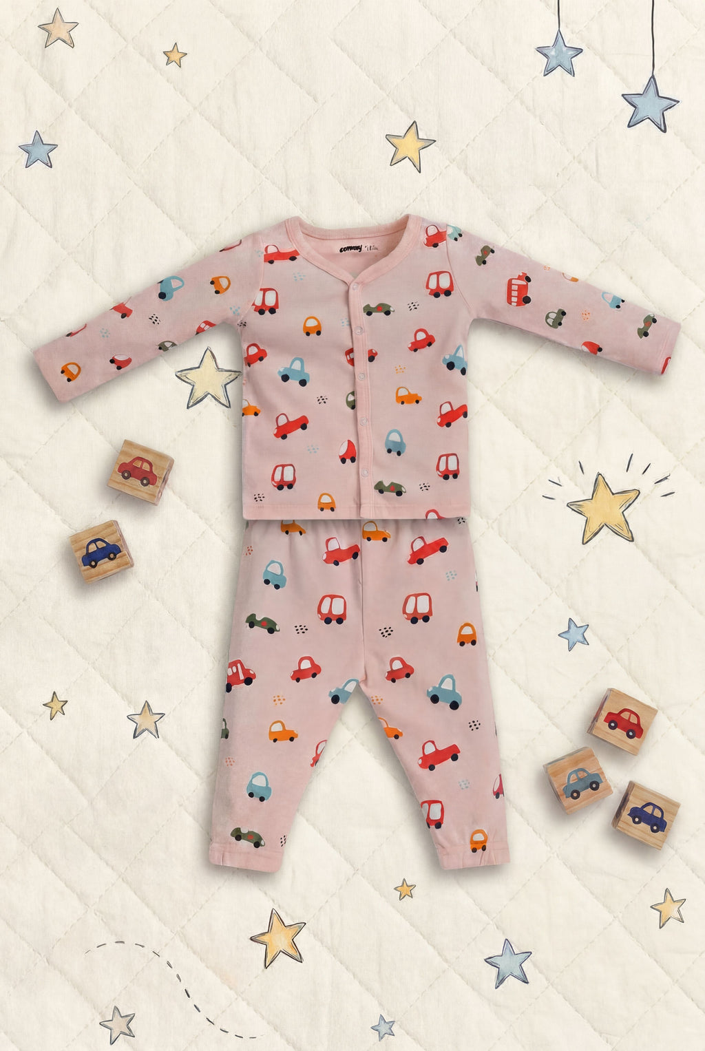 Peach Car Printed Regular Fit Co-ord Set for Infant Boys - Image 1