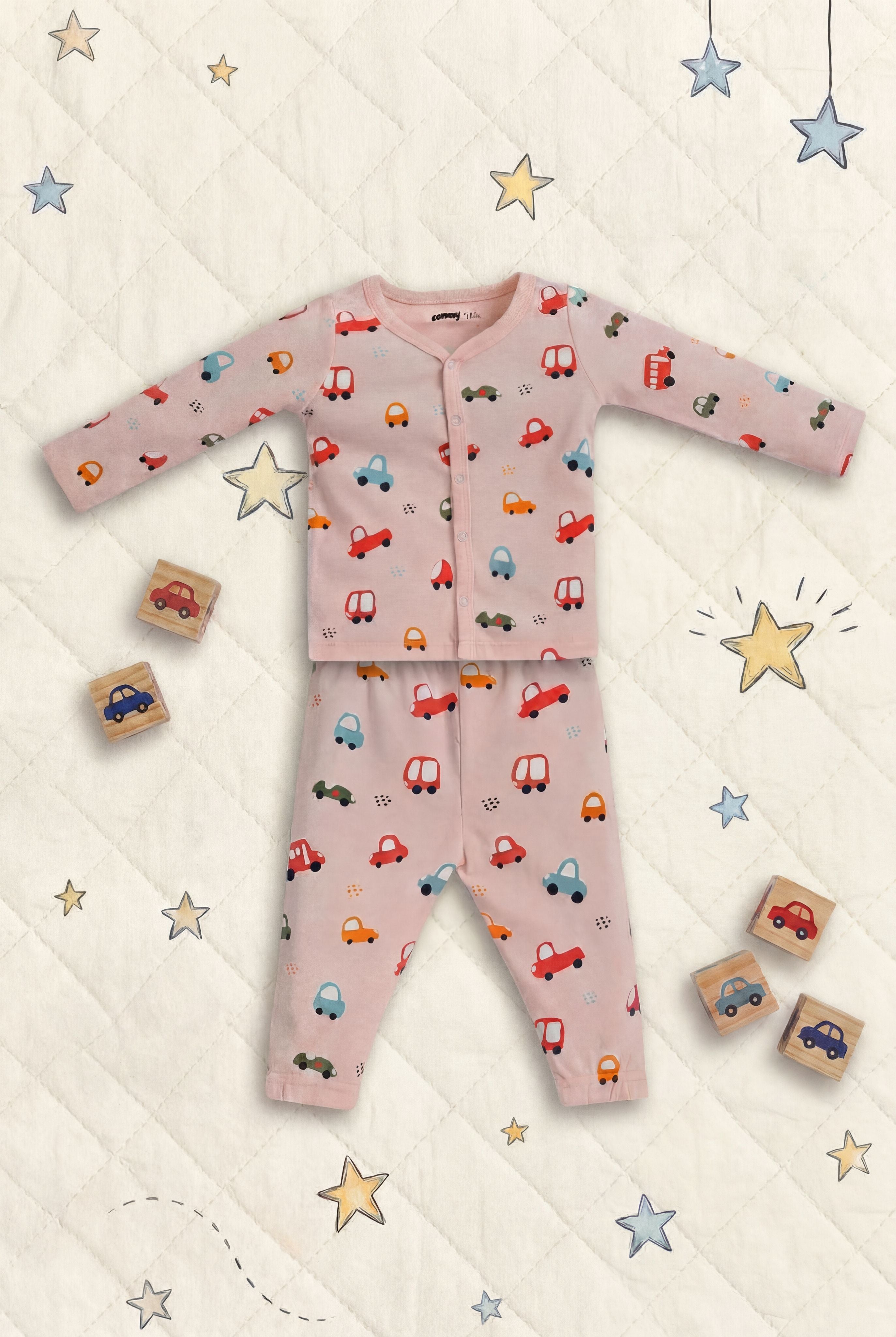 Peach Car Printed Regular Fit Co-ord Set for Infant Boys - Image 1