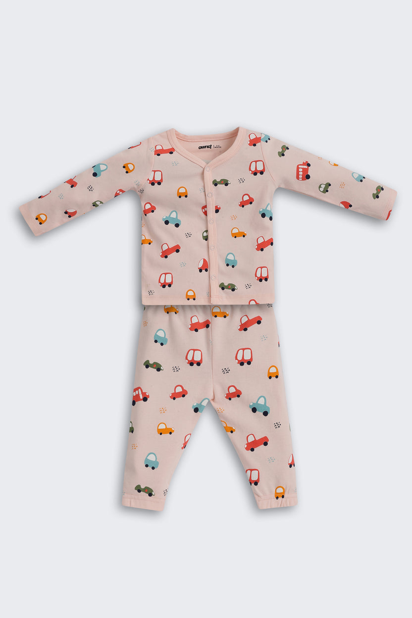 Peach Car Printed Regular Fit Co-ord Set for Infant Boys - Image 2
