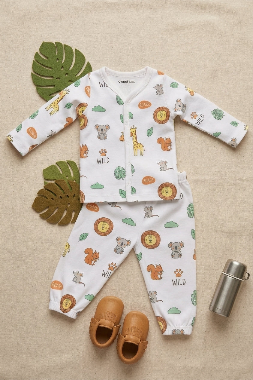 White Animal Printed Regular Fit Co-ord Set for Infant Boys - Image 1
