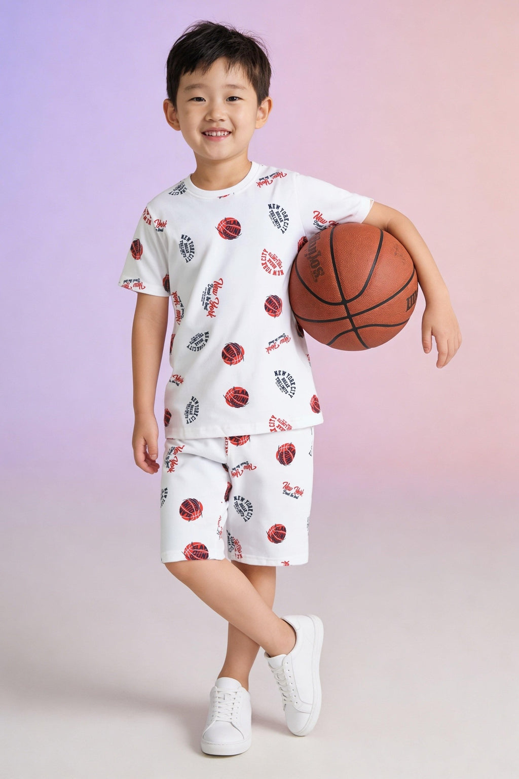 White Basketball Graphic Printed Co-ord Set for Boys - Image 1