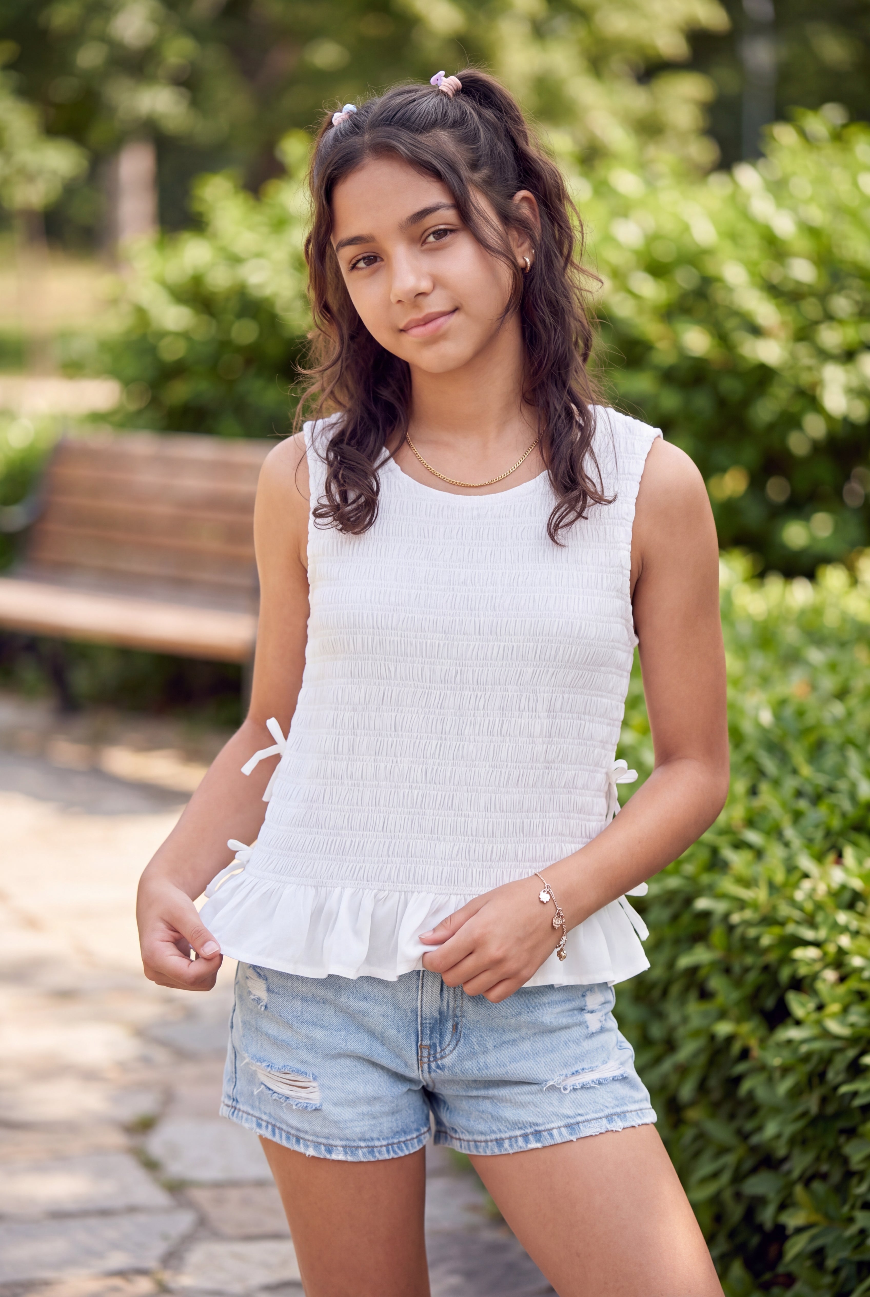 White Textured Regular Fit Top for Tweens Girls - Image 1