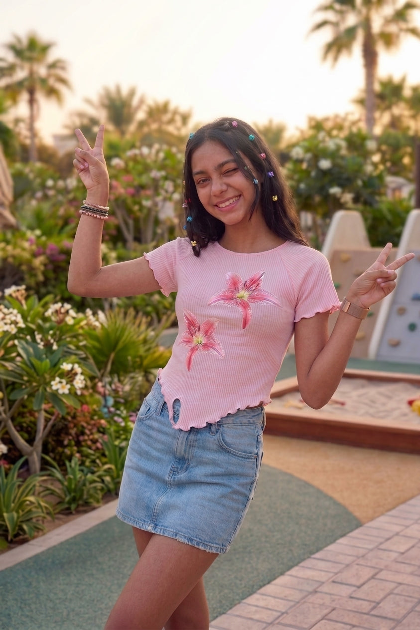 Pink Flower Printed Regular Fit Top for Tweens Girls - Image 1