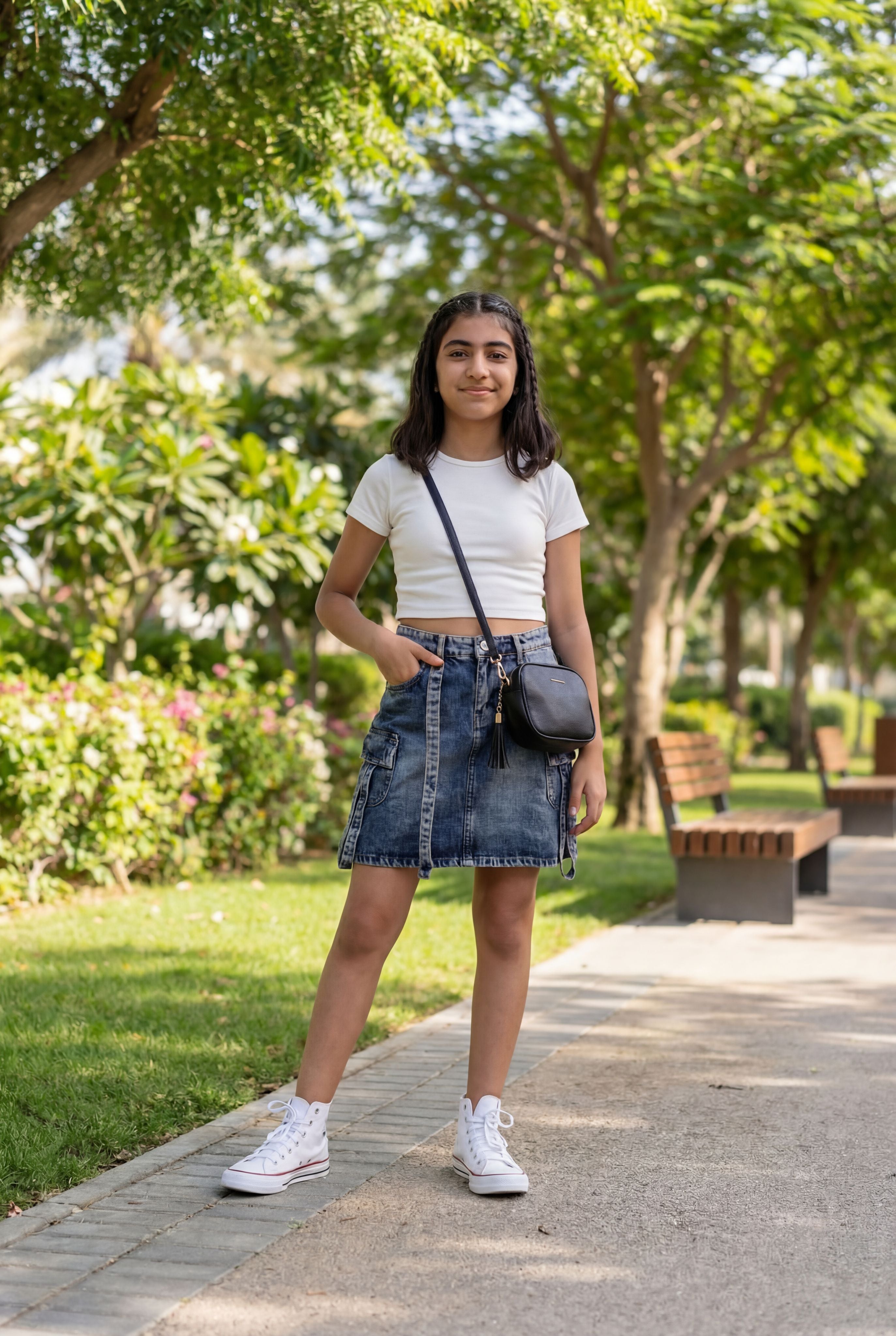 Navy 7 Pocketed Regular Fit Denim Skirt for Tweens Girls - Image 1