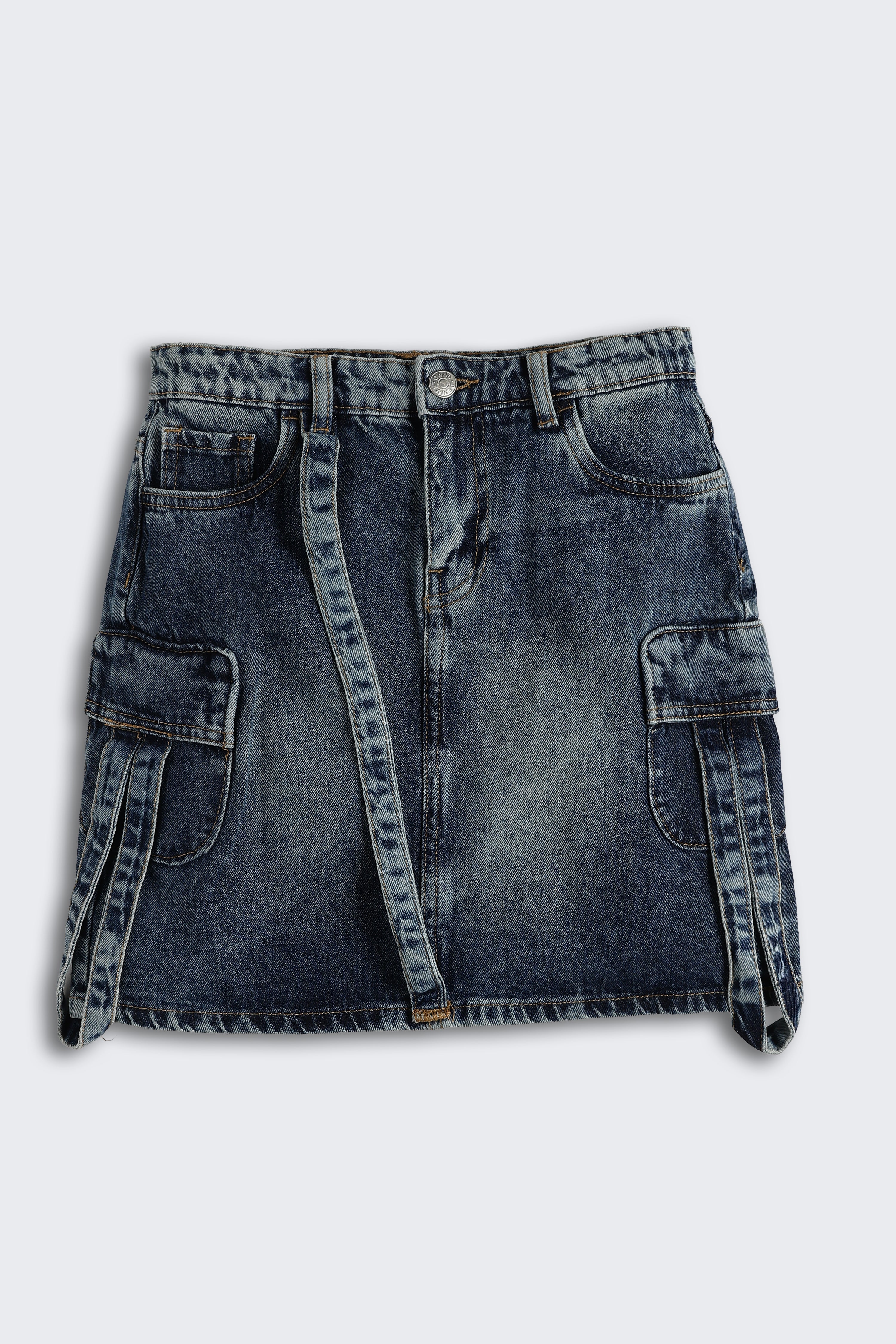 Navy 7 Pocketed Regular Fit Denim Skirt for Tweens Girls - Image 2