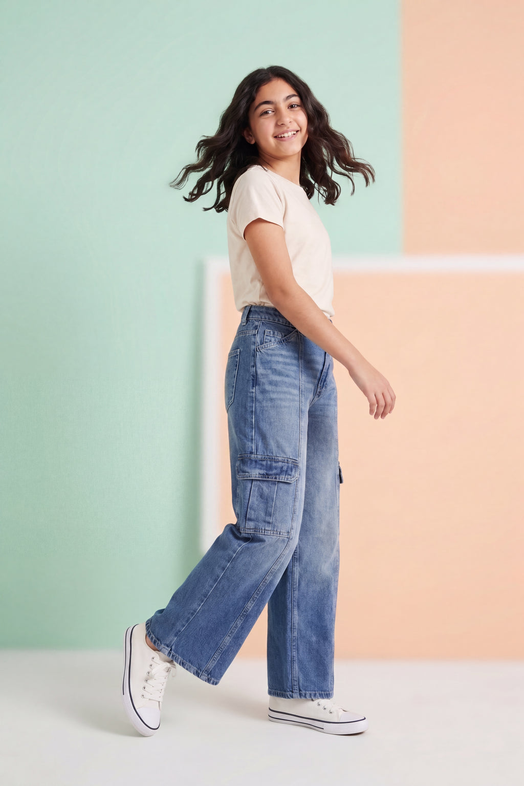 Navy 7 Pocketed Regular Fit Jeans for Tweens Girls - Image 1
