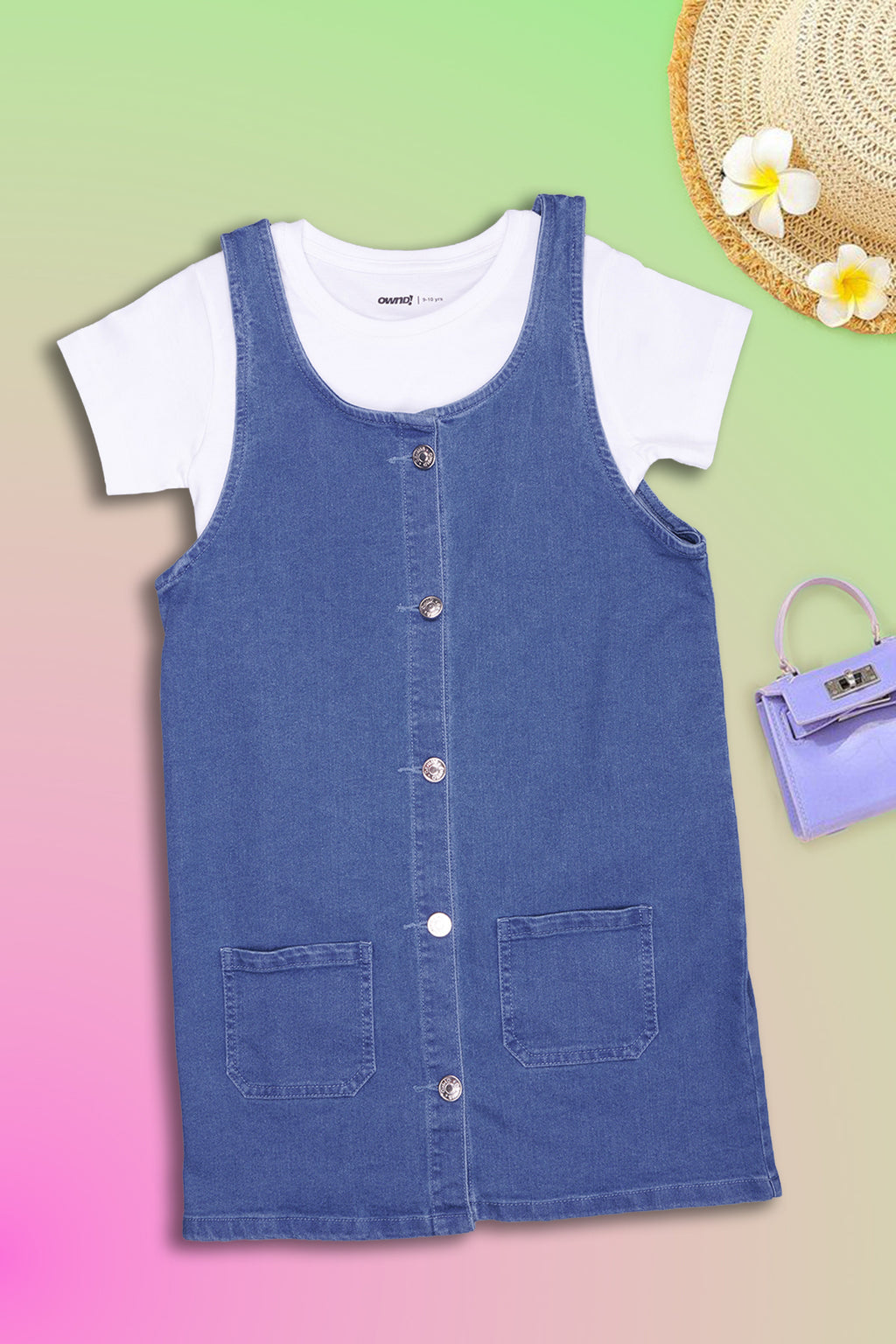 Medium Blue Solid Regular Fit Dungaree With T-Shirt for Tweens Girls - Image 1