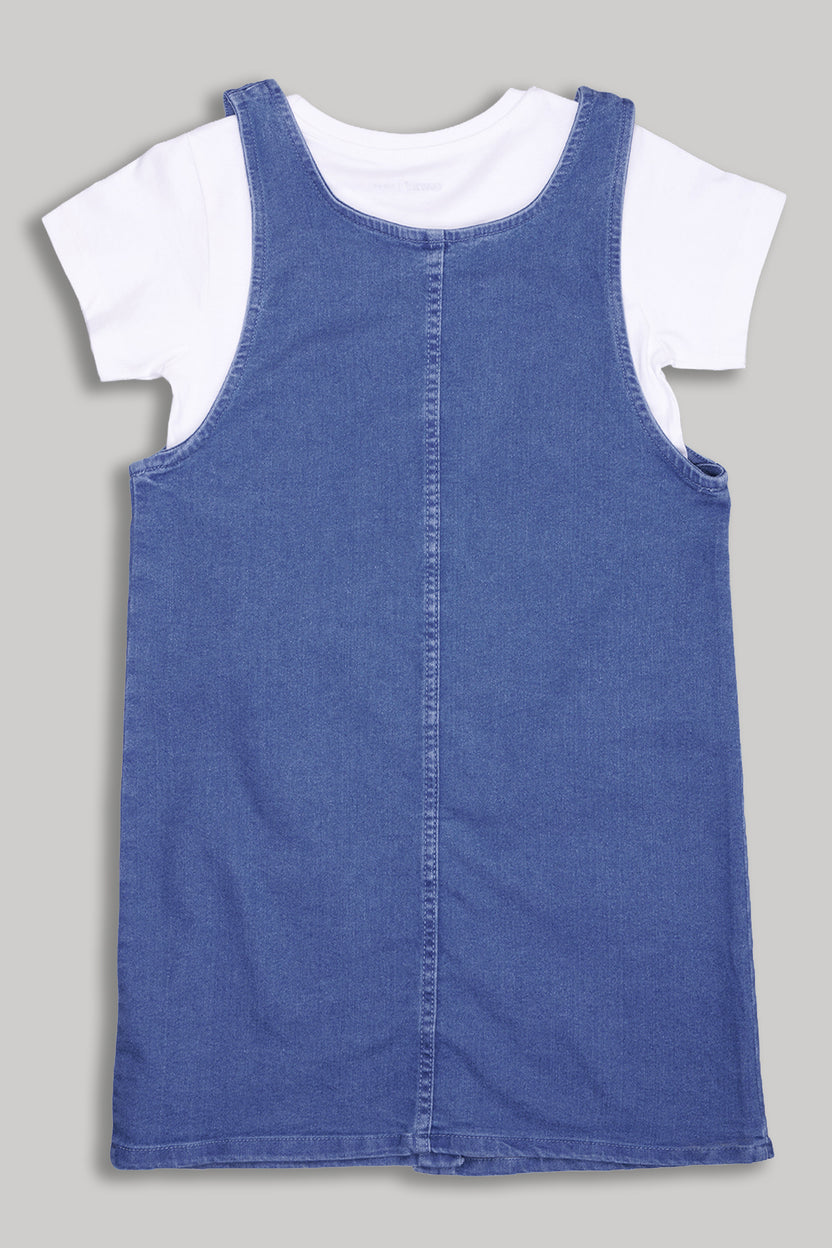 Medium Blue Solid Regular Fit Dungaree With T-Shirt for Tweens Girls - Image 2