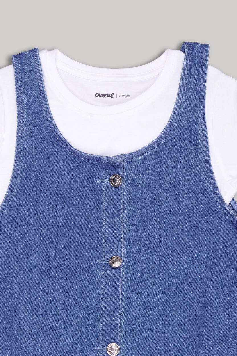 Medium Blue Solid Regular Fit Dungaree With T-Shirt for Tweens Girls - Image 4