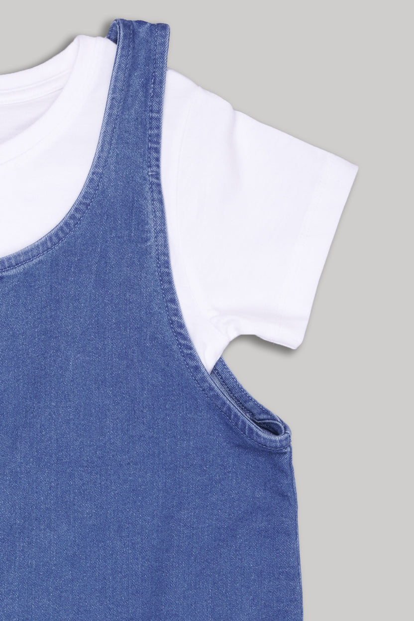 Medium Blue Solid Regular Fit Dungaree With T-Shirt for Tweens Girls - Image 5