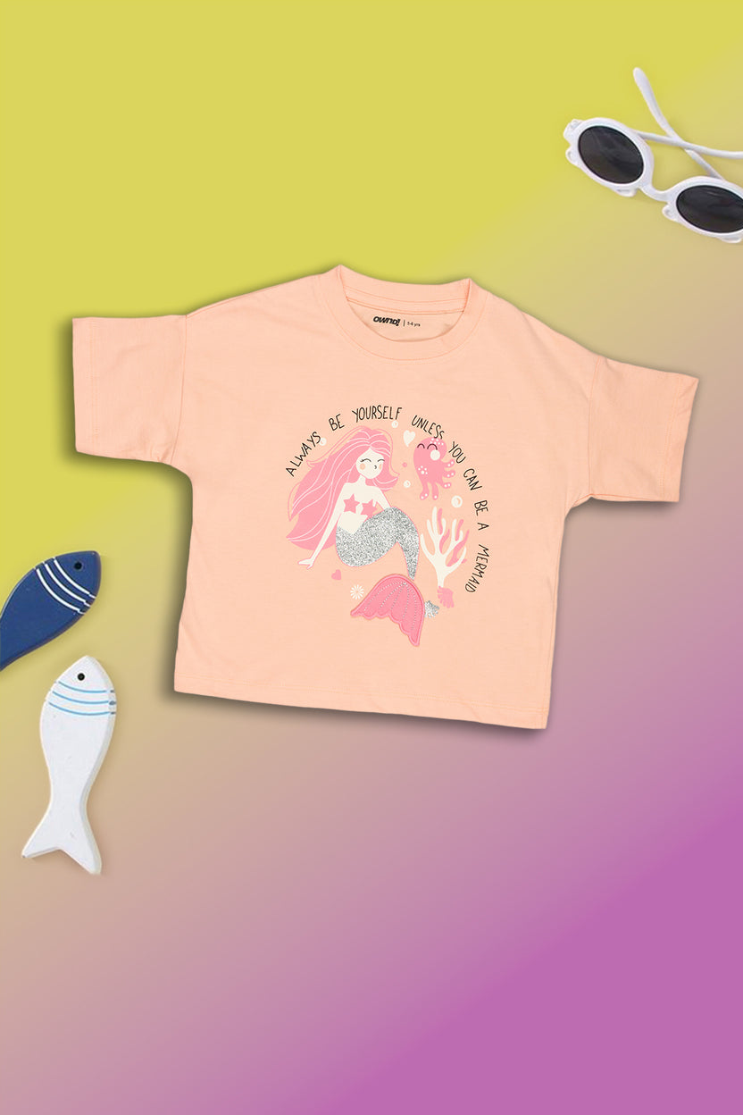 Peach Mermaid Printed Regular Fit T-Shirt For Girls - Image 1