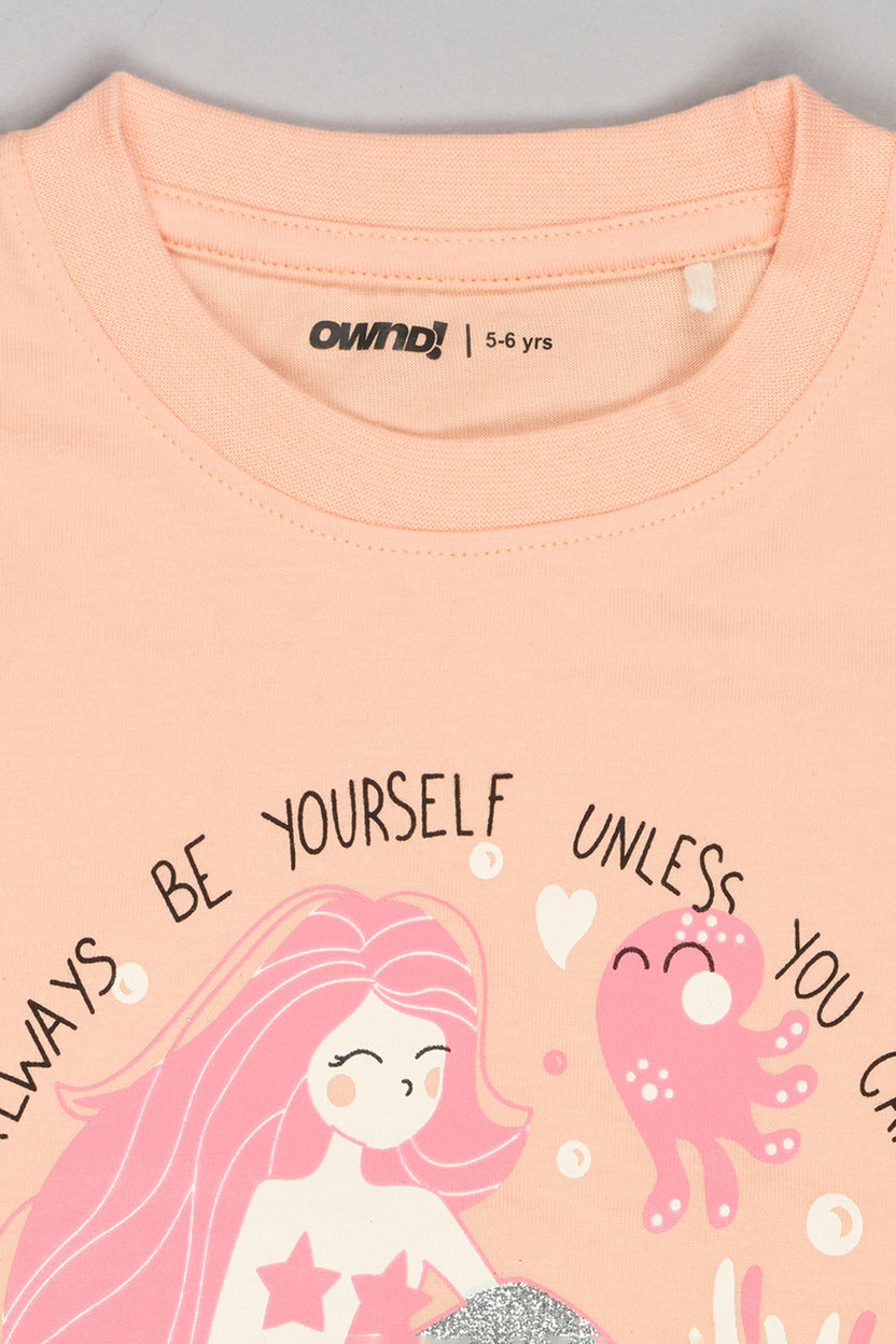 Peach Mermaid Printed Regular Fit T-Shirt For Girls - Image 3