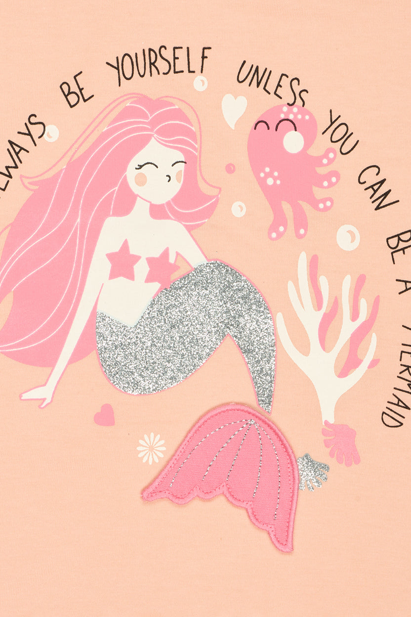 Peach Mermaid Printed Regular Fit T-Shirt For Girls - Image 5