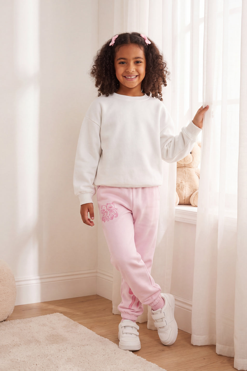 Pink Teddy Printed Regular Fit Joggers for Girls - Image 1