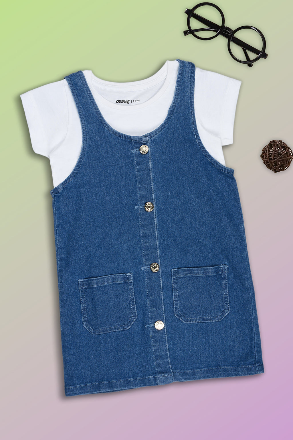 Medium Blue Solid Regular Fit Dungaree With T-Shirt for Girls - Image 1