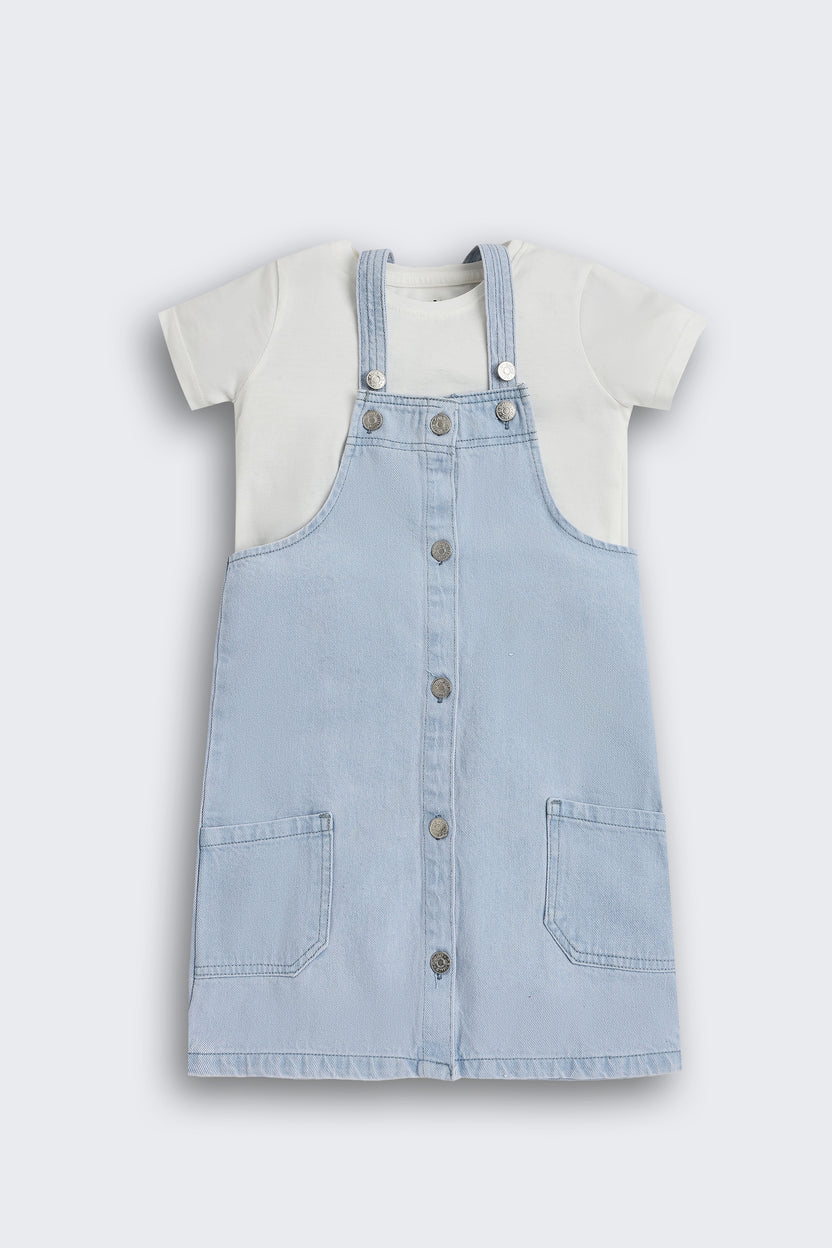 Light Blue Wear Regular Fit Dungarees With T-Shirt For Girls - Image 2