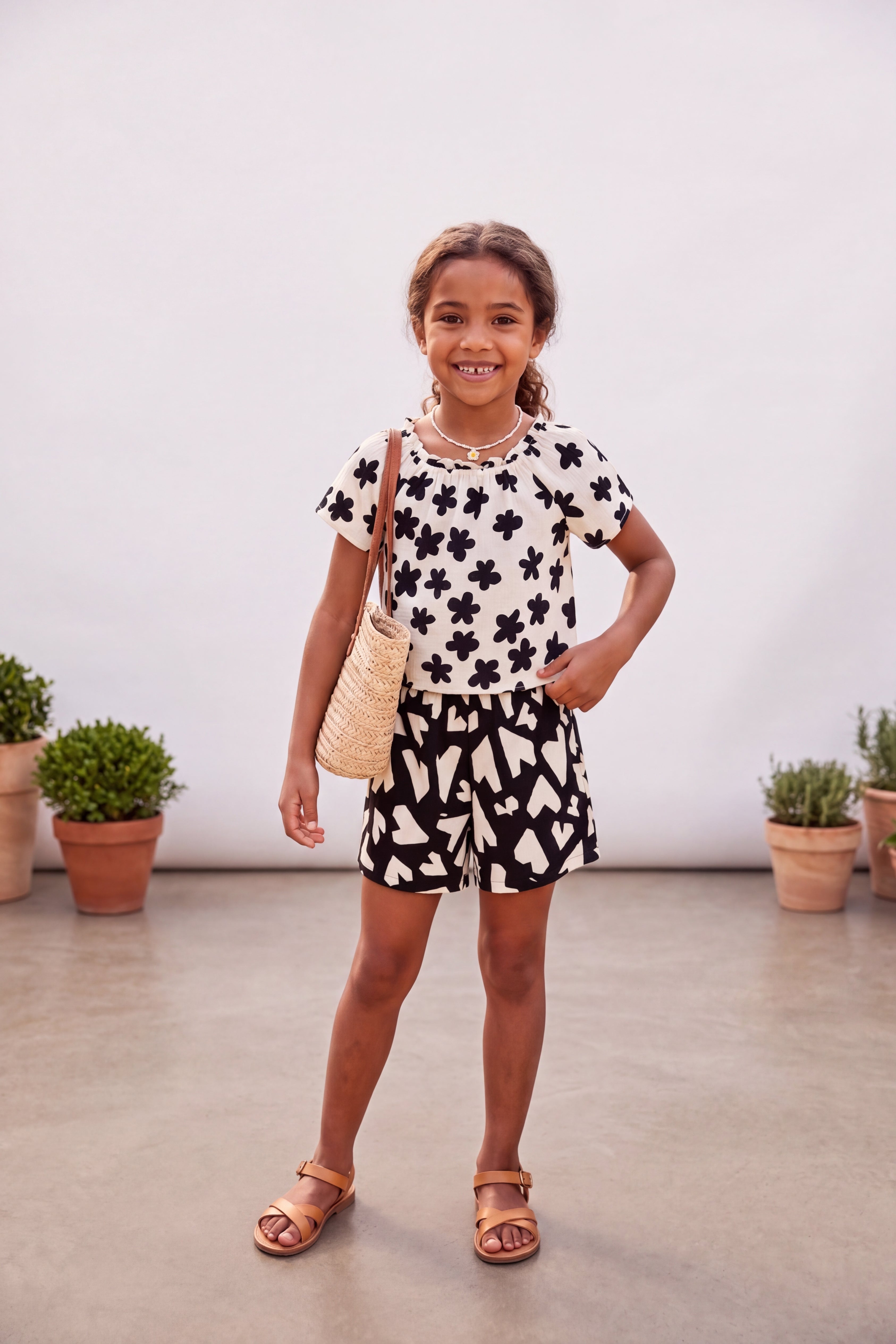 Black Floral Printed Regular Fit Co-ord Set for Girls - Image 1