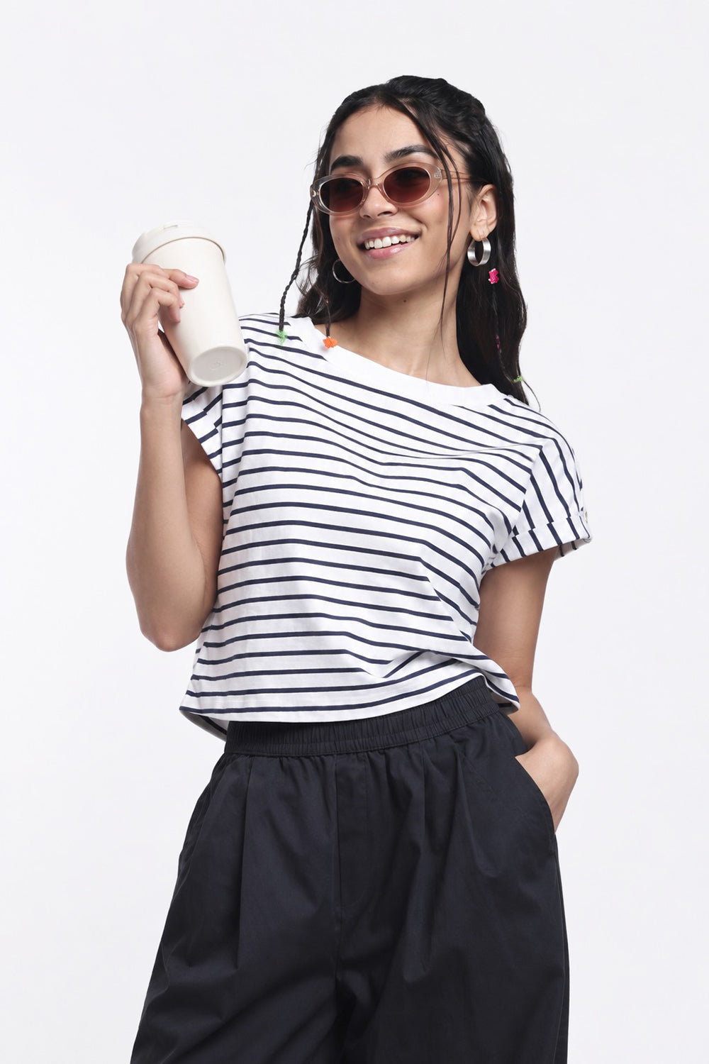 Navy Striped Regular Fit Top for Women - Image 1