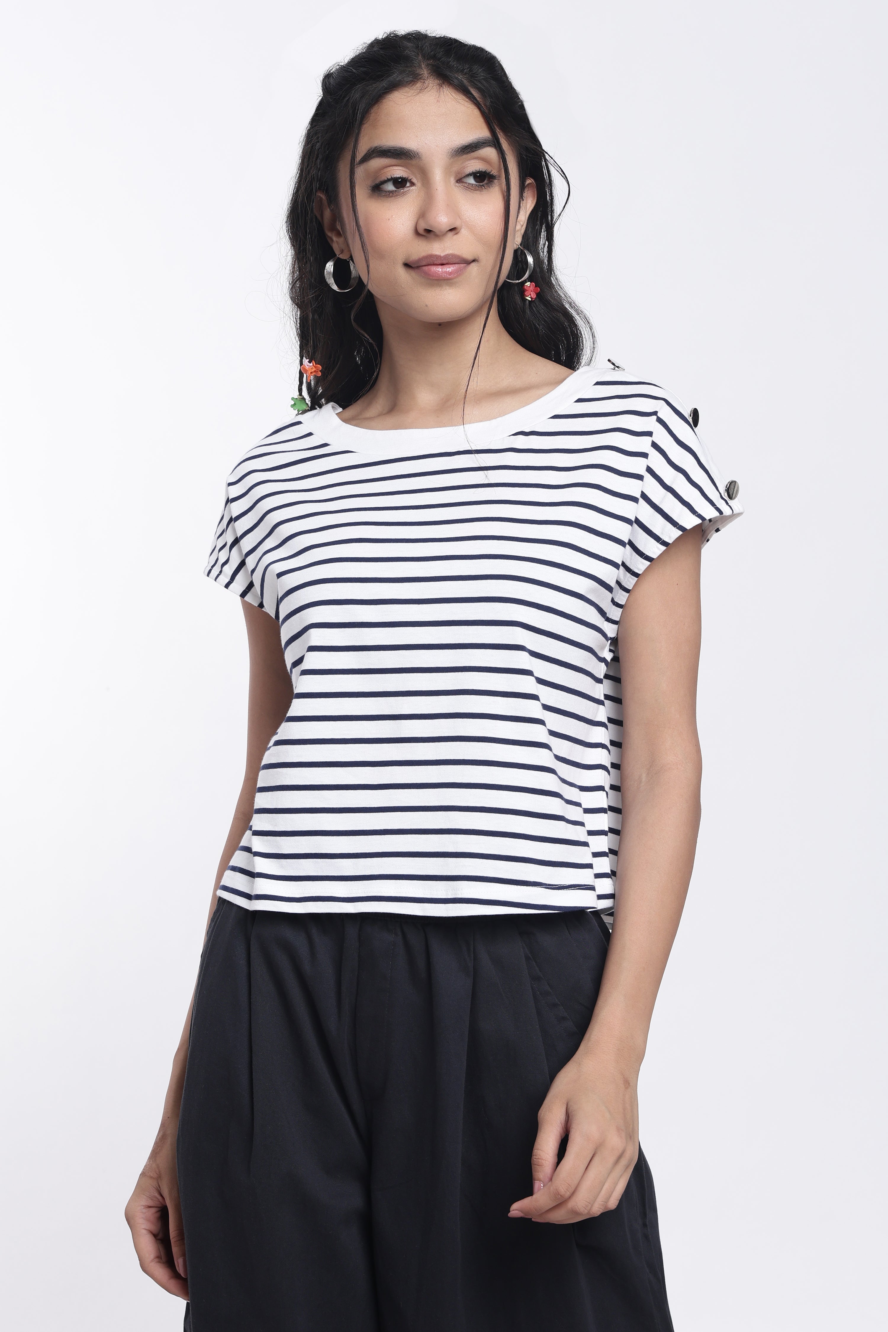 Navy Striped Regular Fit Top for Women - Image 2