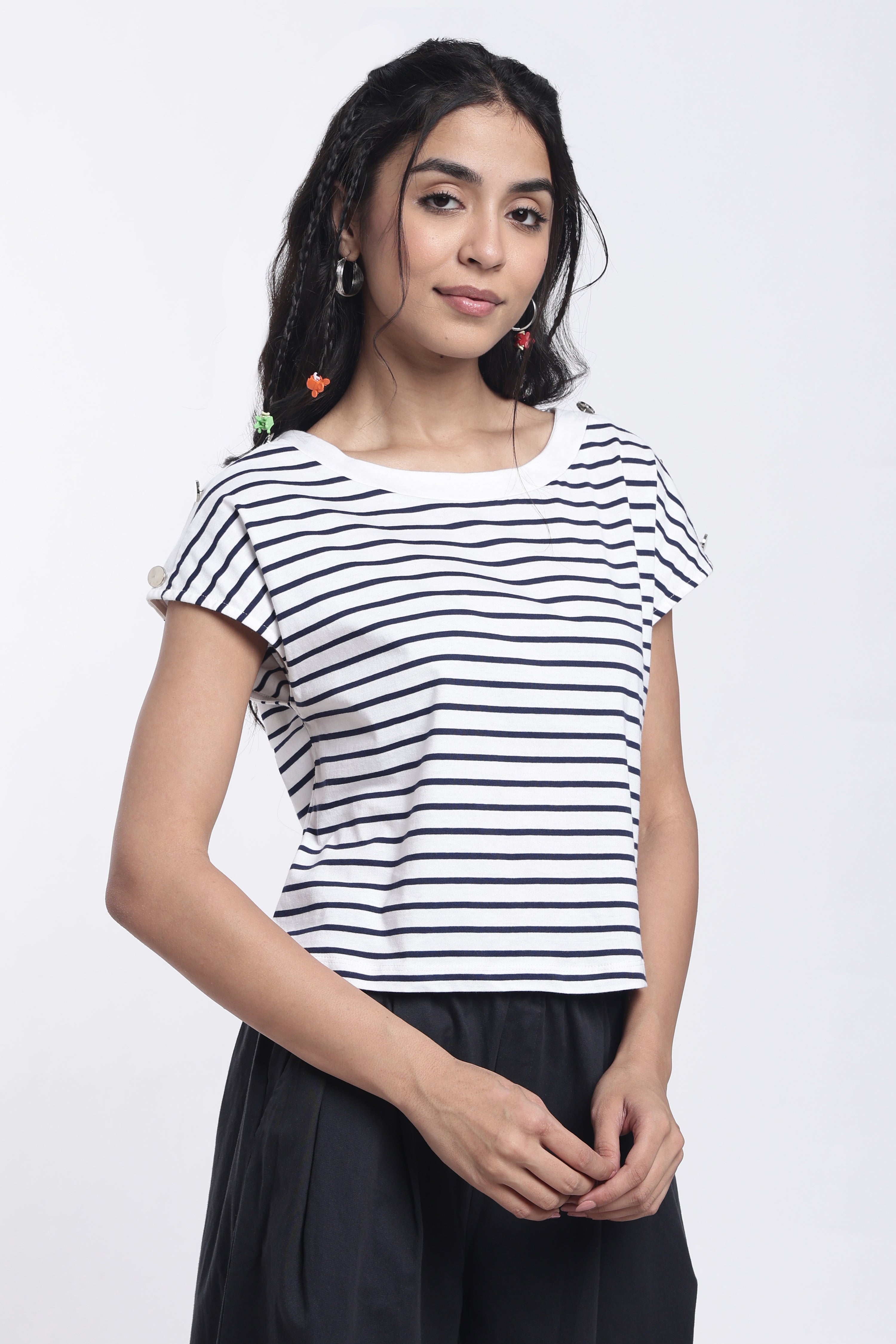 Navy Striped Regular Fit Top for Women - Image 4