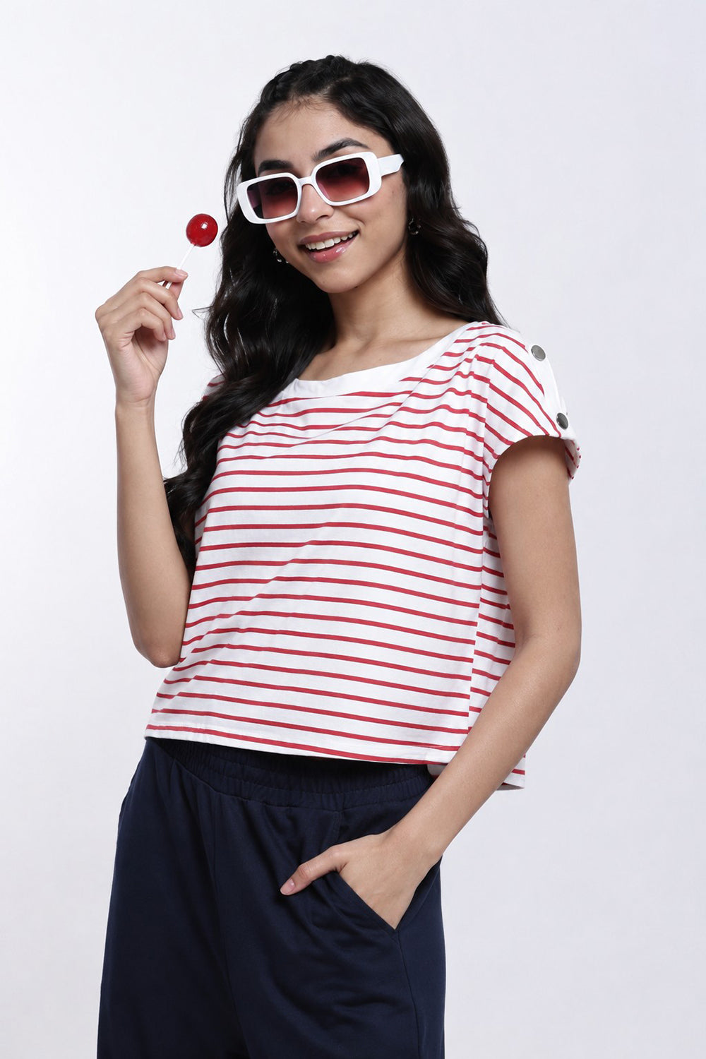 Red Striped Regular Fit Top for Women - Image 1